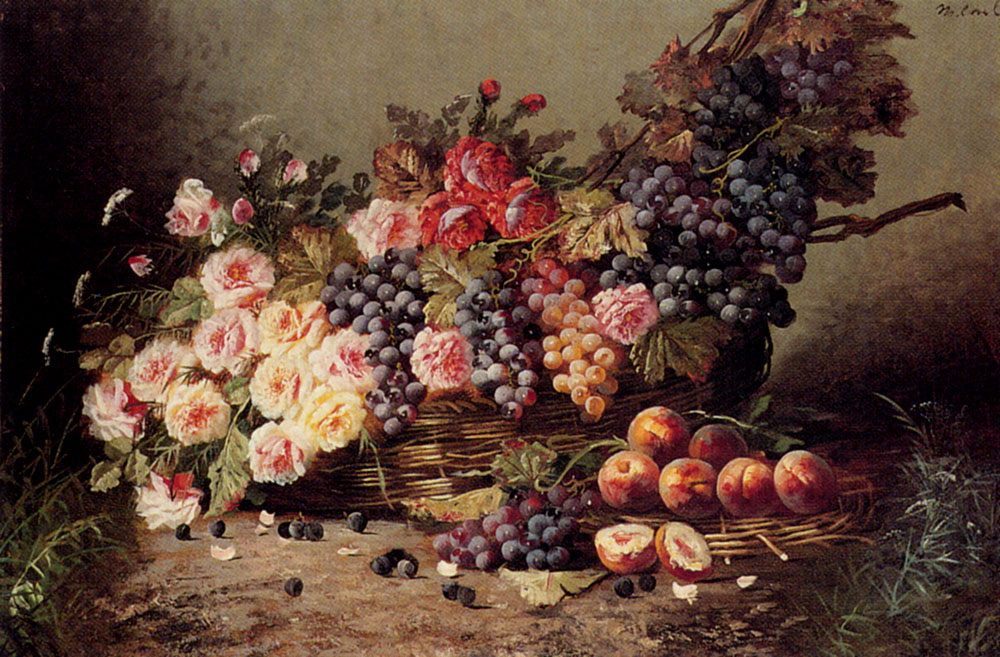 Still Life Of Roses, Peaches And Grapes In A Basket :: Modeste Carlier - flowers in painting ôîòî