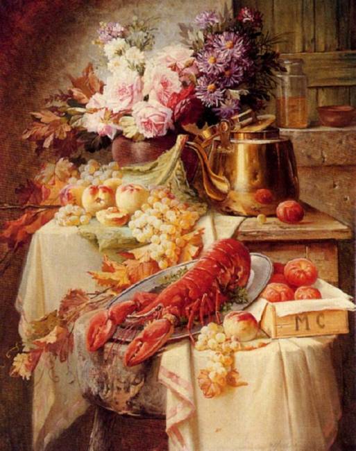 Still Life With A Lobster And Assorted Fruit And Flowers :: Modeste Carlier - flowers in painting ôîòî
