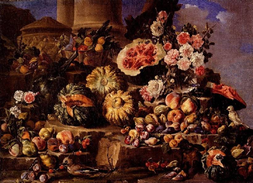 Still Life Of Fruit And Flowers On A Stone Ledge With Birds And A Monkey ::  - Still-lives with fruit ôîòî
