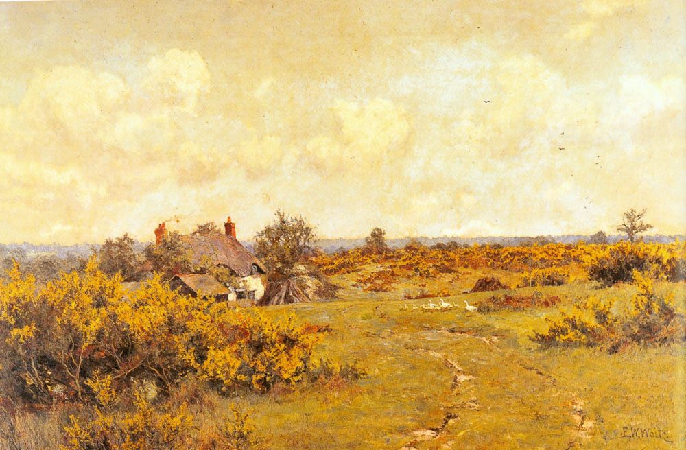 A gaggle of geese on a fram track in a Surrey landscape, a cottage beyond :: Edward Wilkins Waite - Summer landscapes and gardens ôîòî