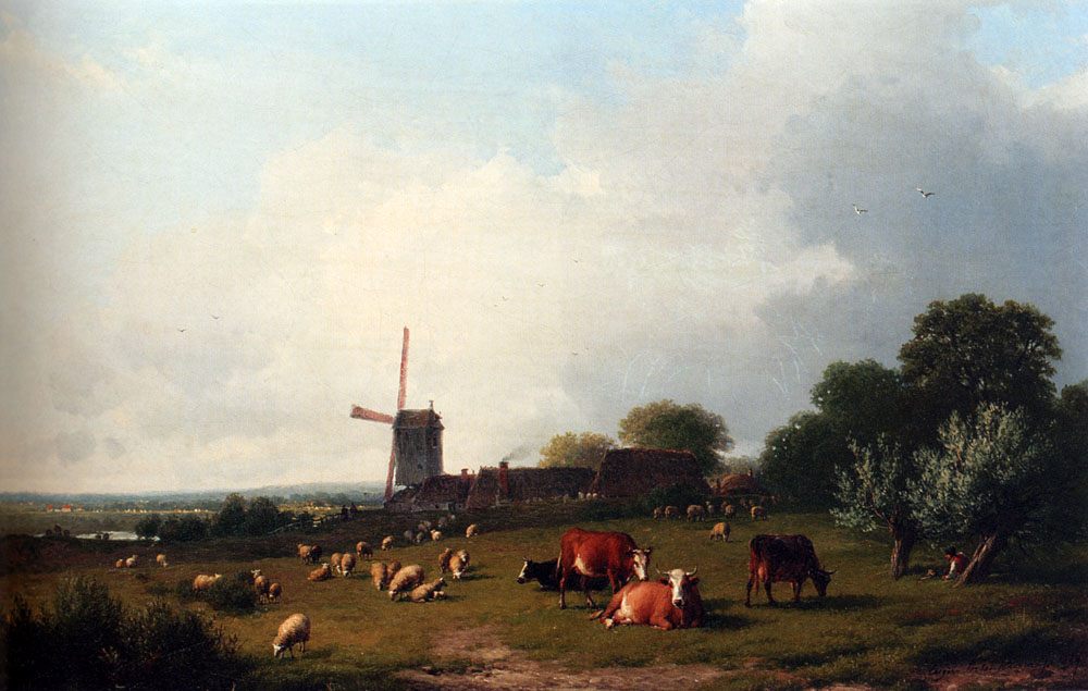 A Panoramic Summer Landscape With Cattle Grazing In A Meadow By A Windmill :: Eugene Verboeckhoven - Summer landscapes and gardens ôîòî