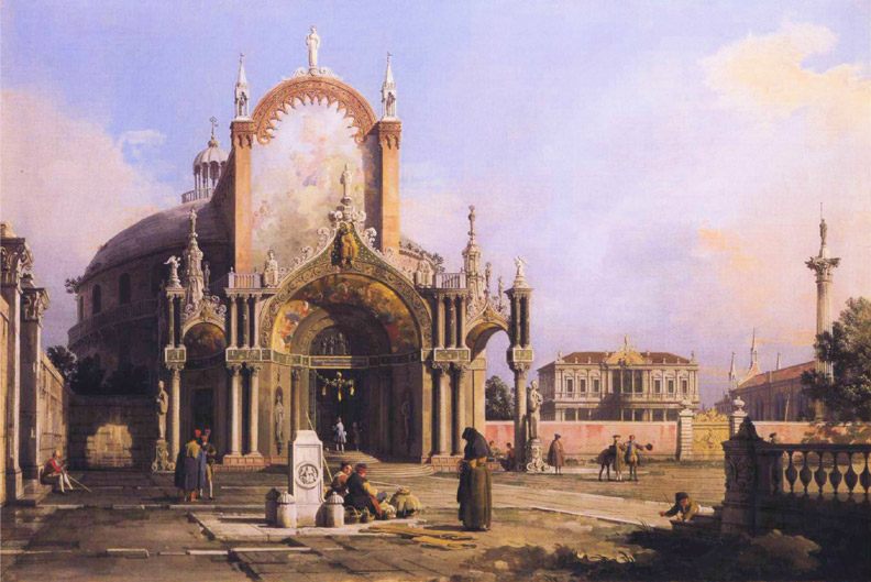 Capriccio of a Round Church with an Elaborate Gothic Portico in a Piazza, a Palladian Piazza and a Gothic Church Beyond :: Canal - Italy ôîòî