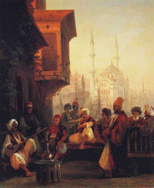 Coffee-house by the Ortakoy Mosque in Constantinople :: Ivan Constantinovich Aivazovsky - scenes of Oriental life (Orientalism) in art and painting ôîòî