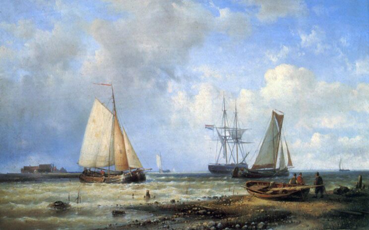 Fishing Vessels by the Shore :: Louis Verboeckhoven - Sea landscapes with boats ôîòî