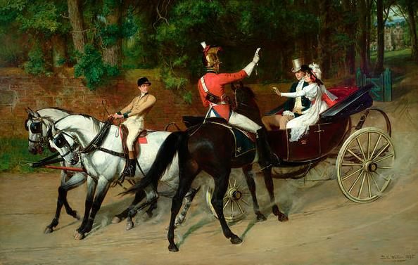 Genre painting - romantic horse ride ...