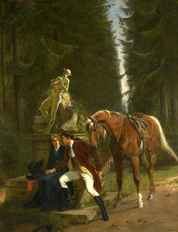 Genre painting - romantic horse ride ...