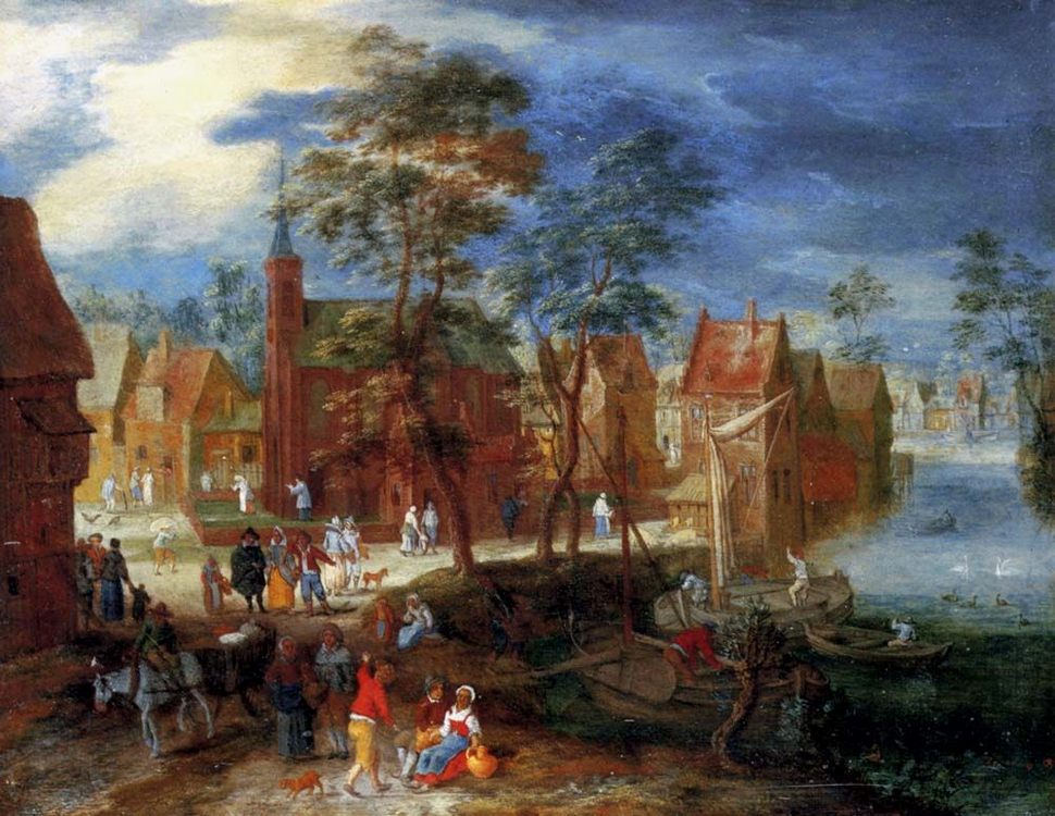 A village scene with peasants strolling by a river bank :: Pieter Gysels - Village life ôîòî