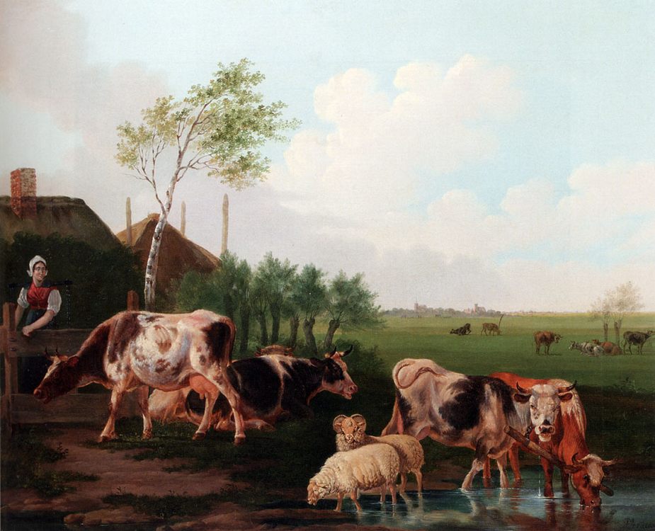 A Summer Landscape With Cows And Sheep By A Pool And A Milkmaid Watching :: Albertus Verhoesen  - Landscapes with cows ôîòî