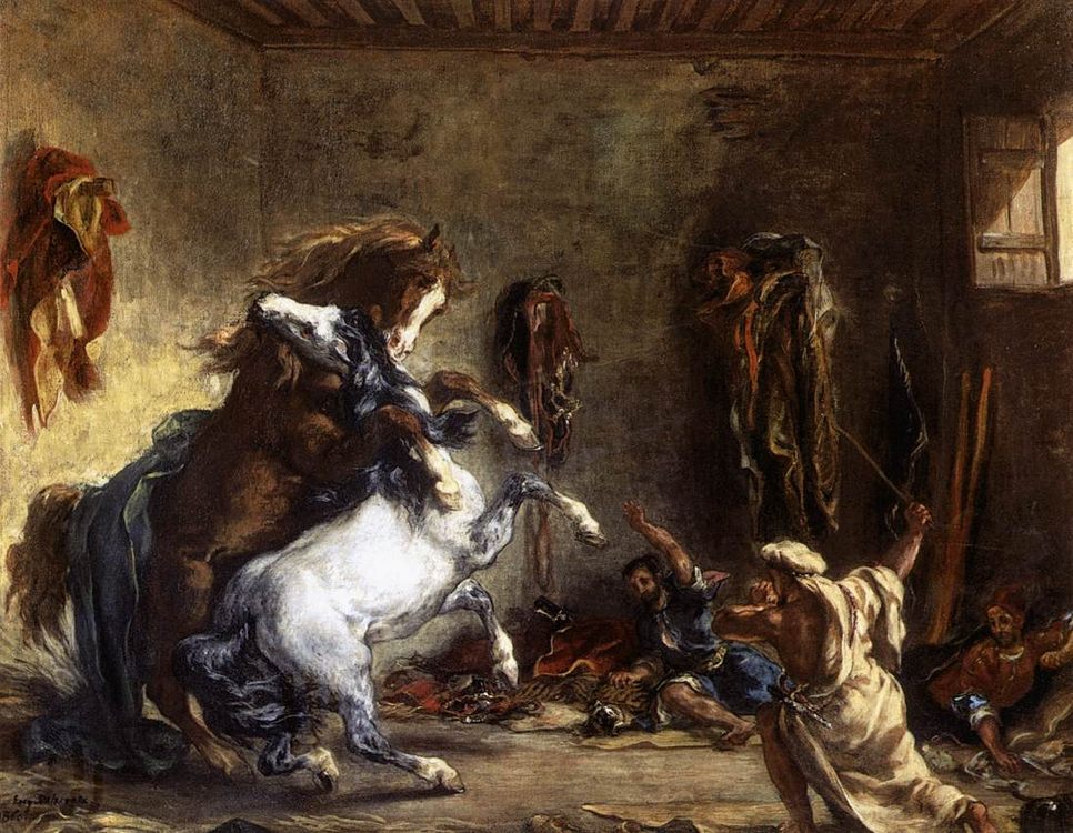 Arab Horses Fighting in a Stable :: Eug&#1080;ne Delacroix - scenes of Oriental life (Orientalism) in art and painting ôîòî