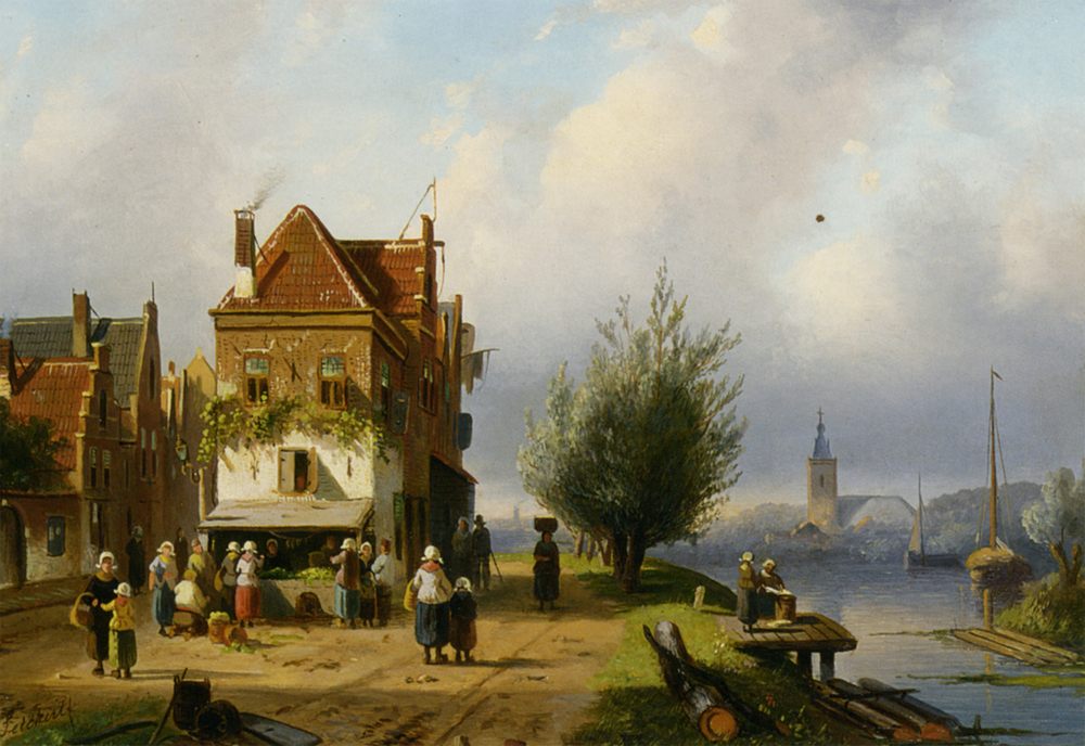 A Town View with Figures by a Market Street Stall :: Charles Henri Joseph Leickert - Holland and Dutch ôîòî