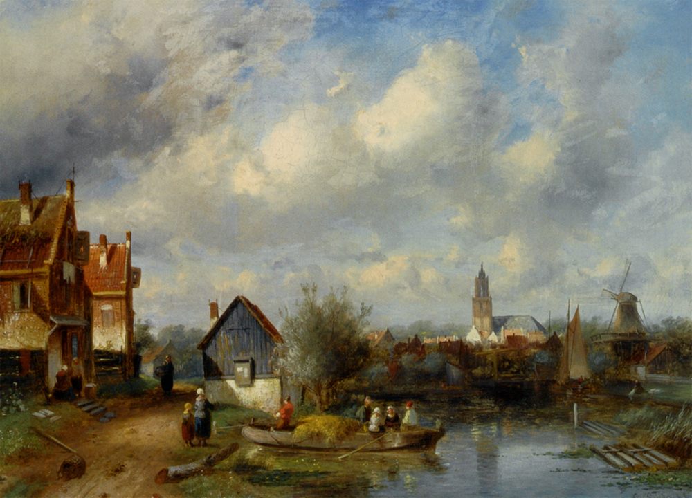 Figures on a Barge Near a Winterside Village :: Charles Henri Joseph Leickert - Holland and Dutch ôîòî