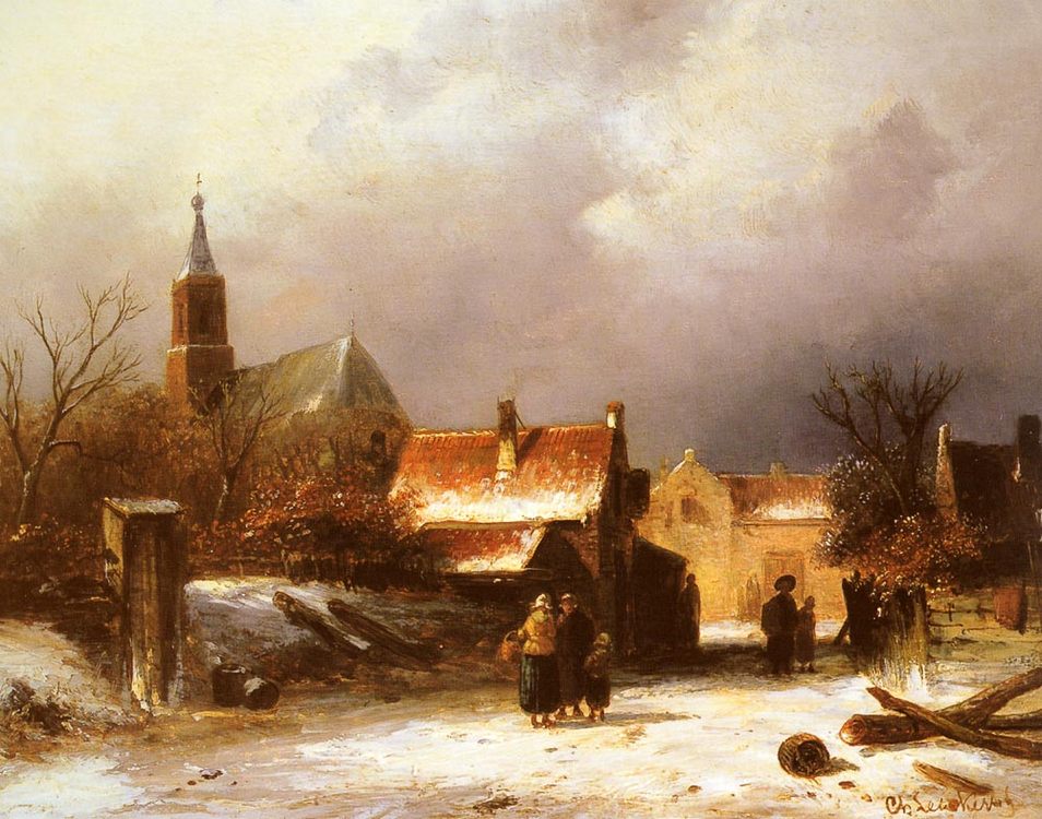 Figures on a Snow Covered Path with a Dutch Town beyond :: Charles Henri Joseph Leickert - winter landscapes ôîòî