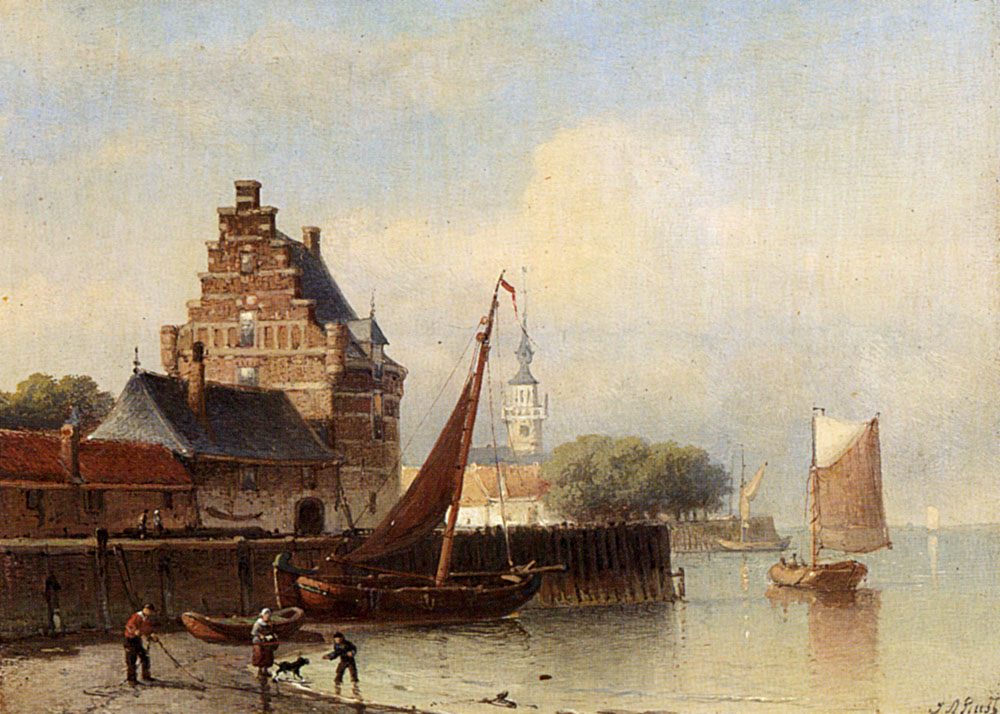  Fisherfolk On A Riverbank By A Town :: Johann Adolphe Rust - Sea landscapes with boats ôîòî