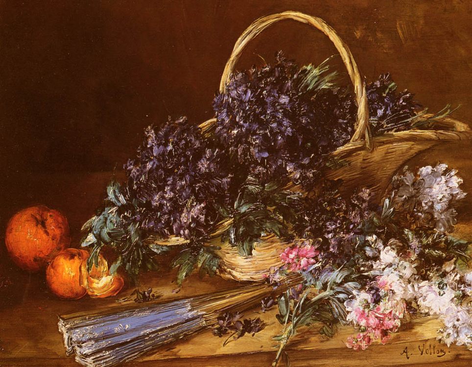 A Still Life with a Basket of Flowers, Oranges and a Fan on a Table :: Antoine Vollon - Still Lifes ôîòî