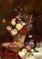 flowers in painting -  Still Life With Roses, Cherries And Grapes :: Eugene Henri Cauchois