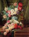 flowers in painting - Still Life Of Roses And Other Flowers On A Draped Table :: Modeste Carlier 