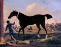 Horses in art - The Duke Of Rutland's Bonny Black Held By A Groom At Newmarket :: John Wootton