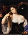2 women portraits 16th century hall - Woman with a Mirror by TIZIANO Vecellio