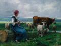 Village life - Shepherdess with Goat, Sheep and Cow :: Julien Dupre