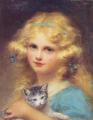 Children's portrait in art and painting - Portrait of a young girl holding a kitten :: Edouard Cabane