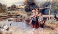 Children's portrait in art and painting - Children Paddling In A Stream :: Myles Birket Foster, R.W.S.