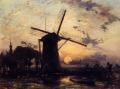 Sunset and sunrise, sundown - Boatman by a Windmill at Sundown :: Johan Barthold Jongkind 