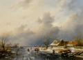 winter landscapes - A Frozen Waterway with Skaters by a Cottage :: Charles Henri Joseph Leickert