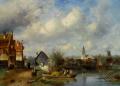 Holland and Dutch - Figures on a Barge Near a Winterside Village :: Charles Henri Joseph Leickert