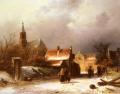 winter landscapes - Figures on a Snow Covered Path with a Dutch Town beyond :: Charles Henri Joseph Leickert