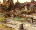 Village life - Washerwomen at a Stream with Buildings beyond :: Leon-Augustin L'hermitte