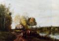 Village life - A road at the edge of leau :: Jean-Baptiste-Camille Corot